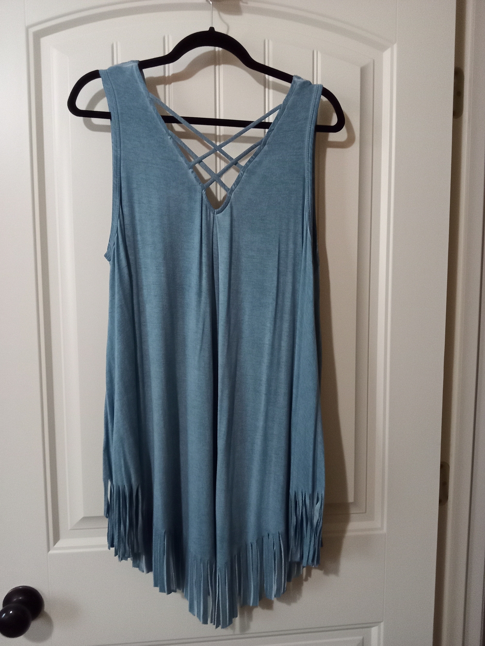 Umgee Dusty Blue Sleeveless Fringe V-Neck Dress with Crisscross Back